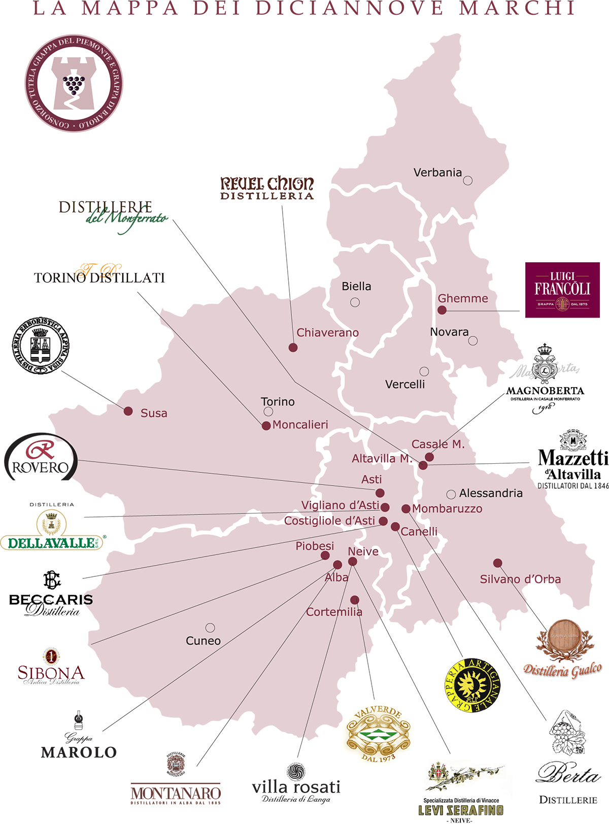 La mappa delle distillerie di Istituto Grappa Piemonte.