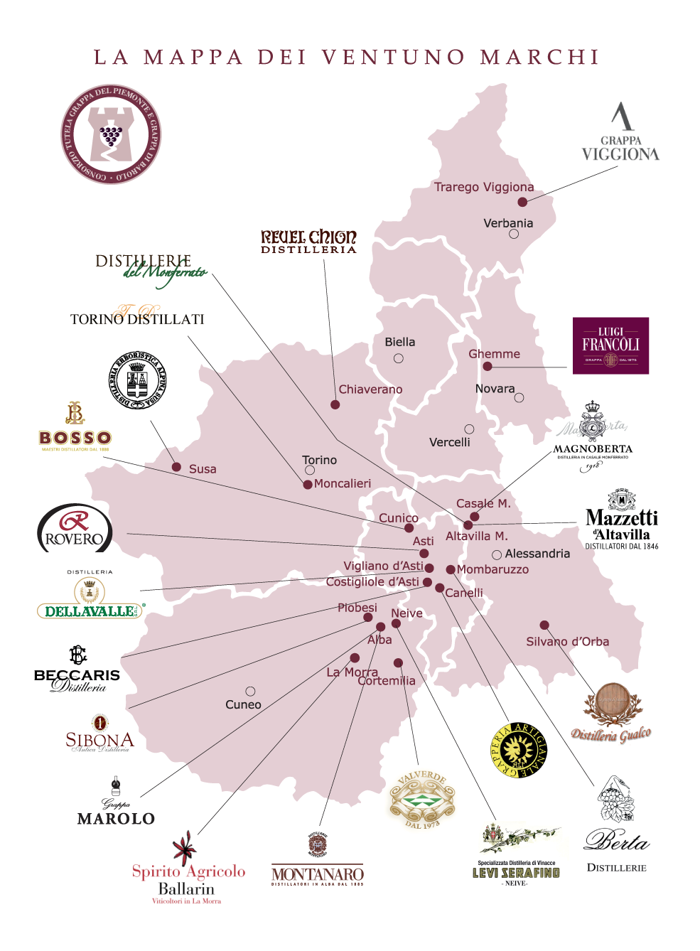 La mappa delle distillerie di Istituto Grappa Piemonte.